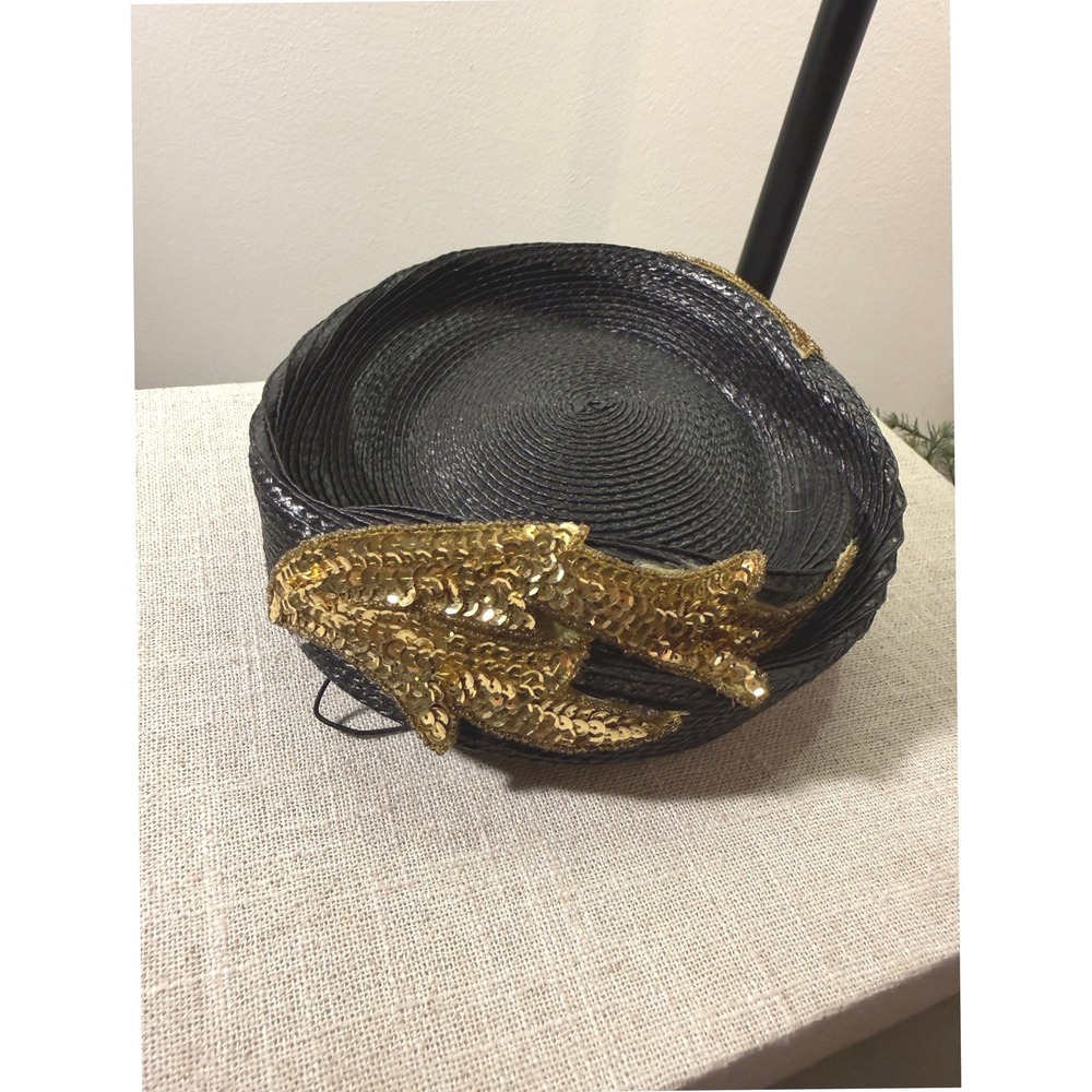 Vintage Black Pillbox Hat Gold Sequin Bird Applique Retro Formal Millinery Hat